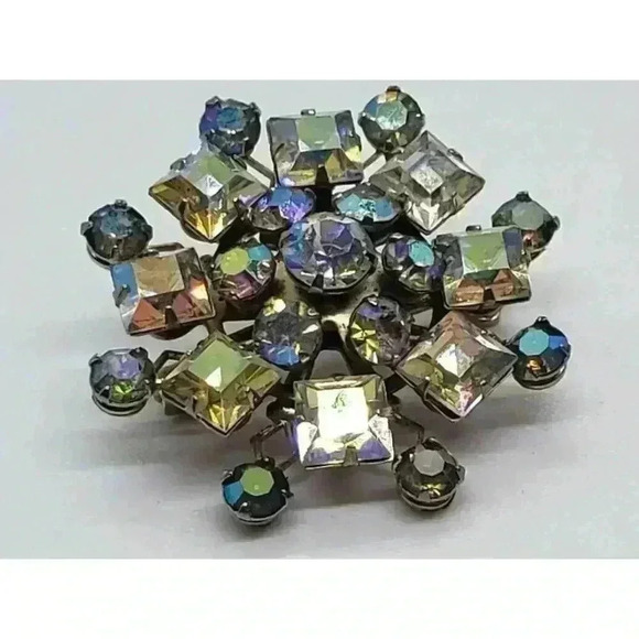 Vintage AB Rhinestone Snowflake Starburst Statement Pin Brooch Atomic MCM - Picture 2 of 6